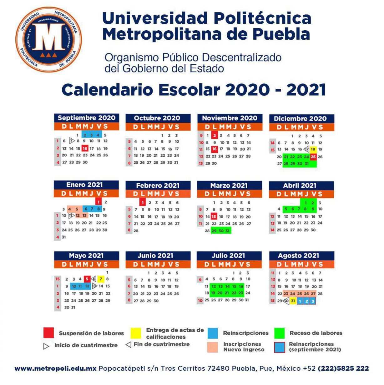 Calendario Universidad Politécnica Metropolitana de Puebla