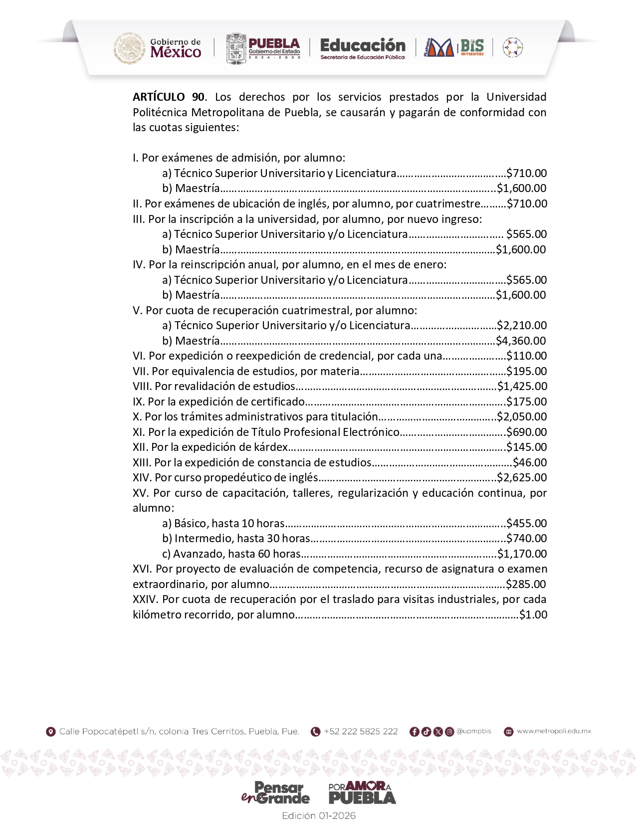 Catálogo de servicios y pago de derechos